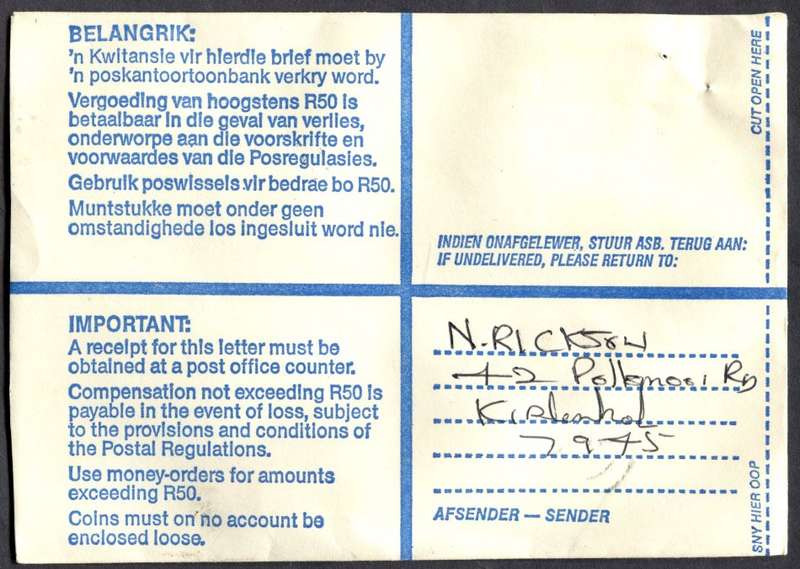 RSA - Cover Registered At Steenberg Post Office