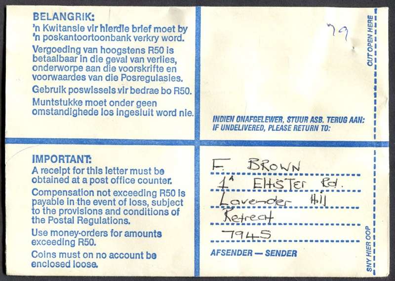 RSA - Cover Registered At Steenberg Post Office