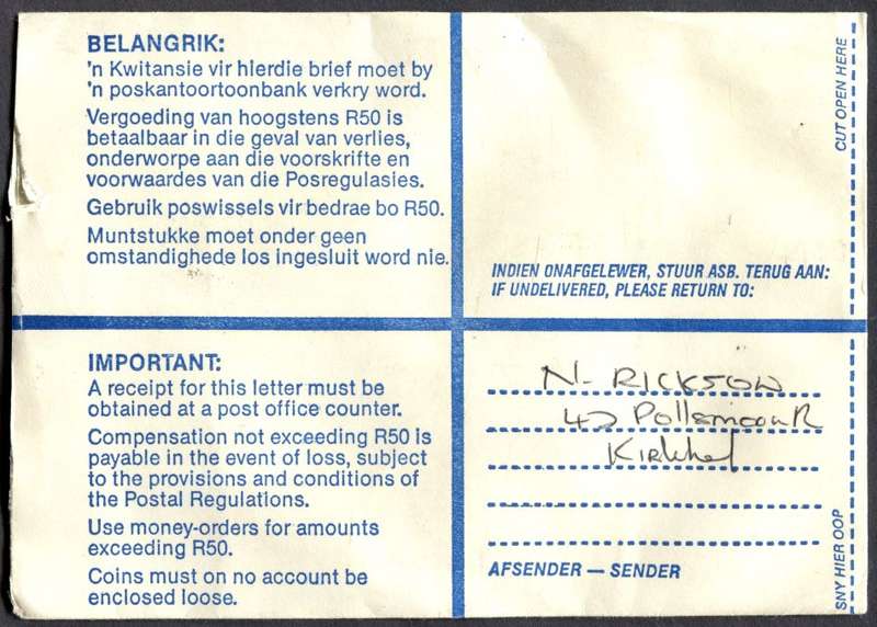 RSA - Cover Registered At Steenberg Post Office