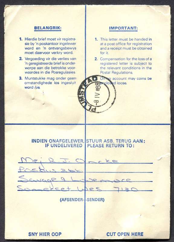 RSA - Cover Registered At Strand Post Office