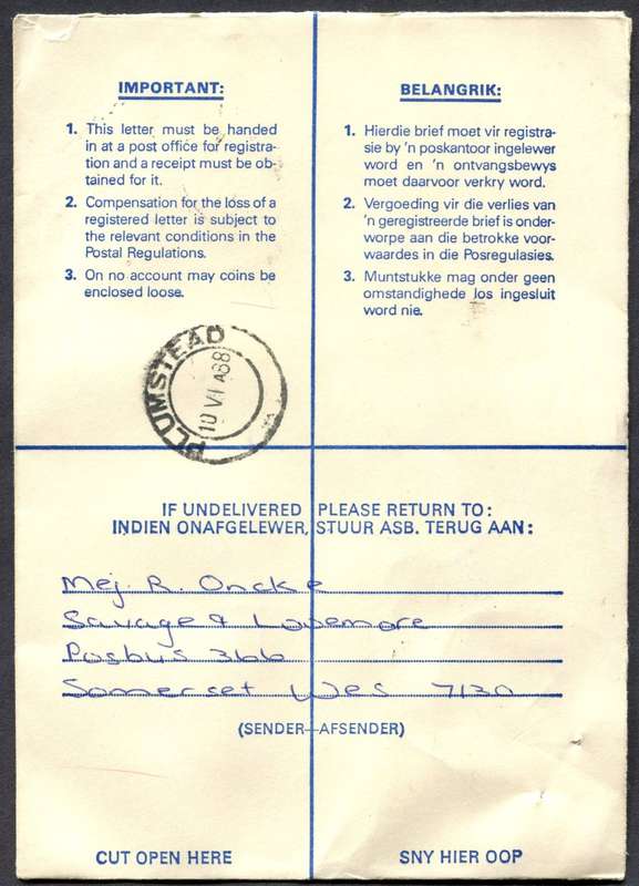 RSA - Cover Registered At Strand Post Office
