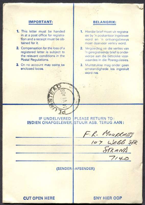 RSA - Cover Registered At Strand Post Office