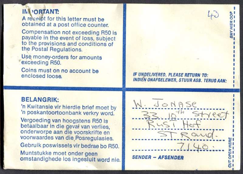 RSA - Cover Registered At Strand Post Office