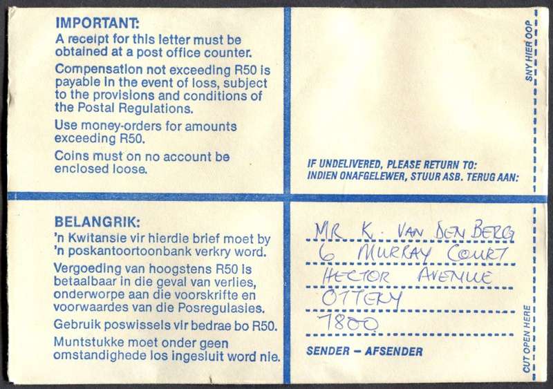RSA - Cover Registered At Soutrivier Post Office