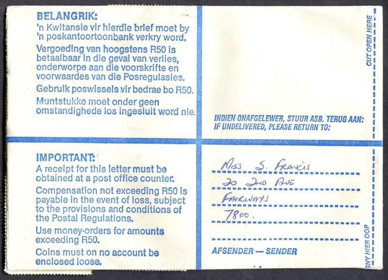 RSA - Cover Registered At Soutrivier Post Office