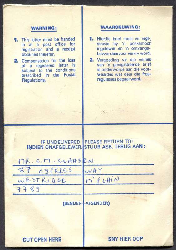 RSA - Cover Registered At Soutrivier Post Office