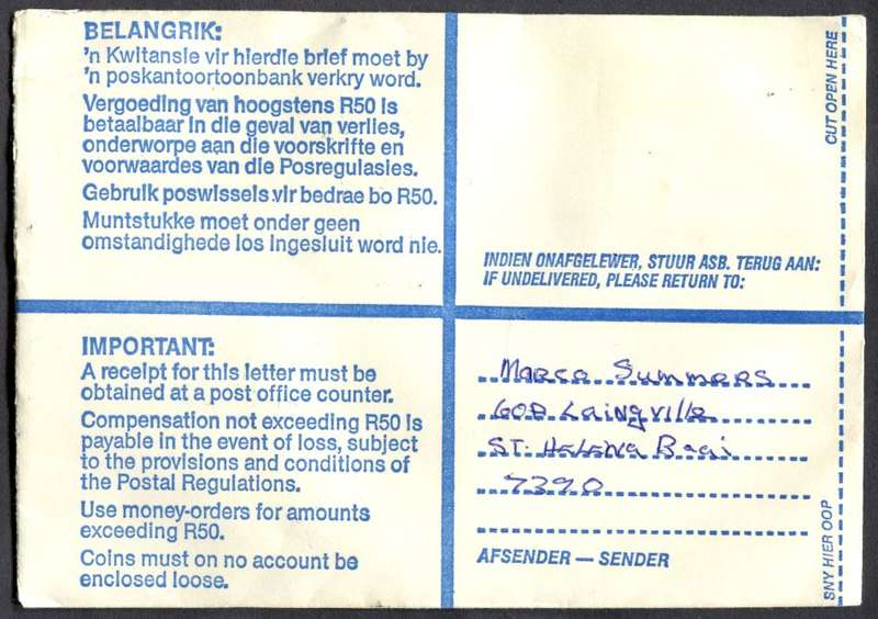 RSA - Cover Registered At St. Helenabaai Post Office