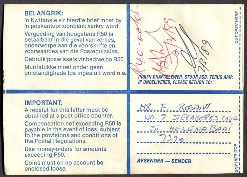 RSA - Cover Registered At St. Helenabaai Post Office