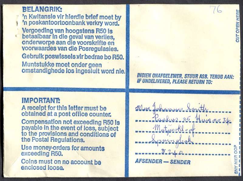 RSA - Cover Registered At Springbok Post Office