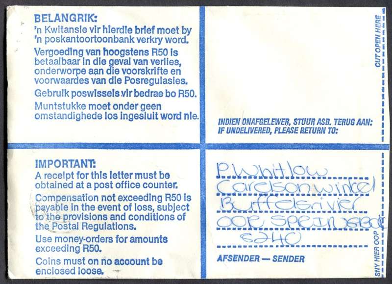 RSA - Cover Registered At Springbok Post Office