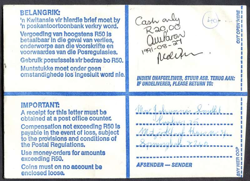 RSA - Cover Registered At Springbok Post Office