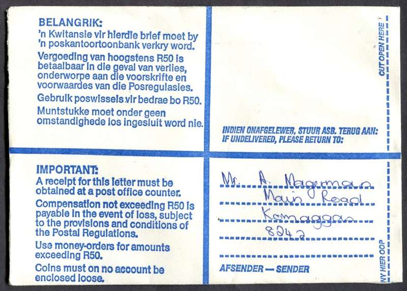 RSA - Cover Registered At Springbok Post Office