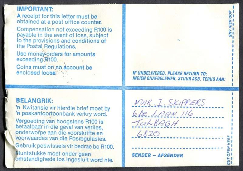RSA - Cover Registered At Tulbagh Post Office