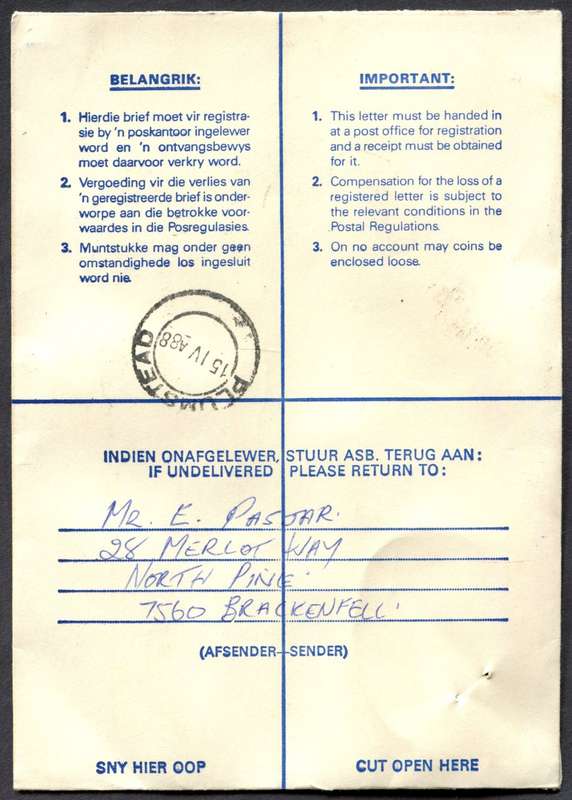 RSA - Cover Registered At Thornton Post Office