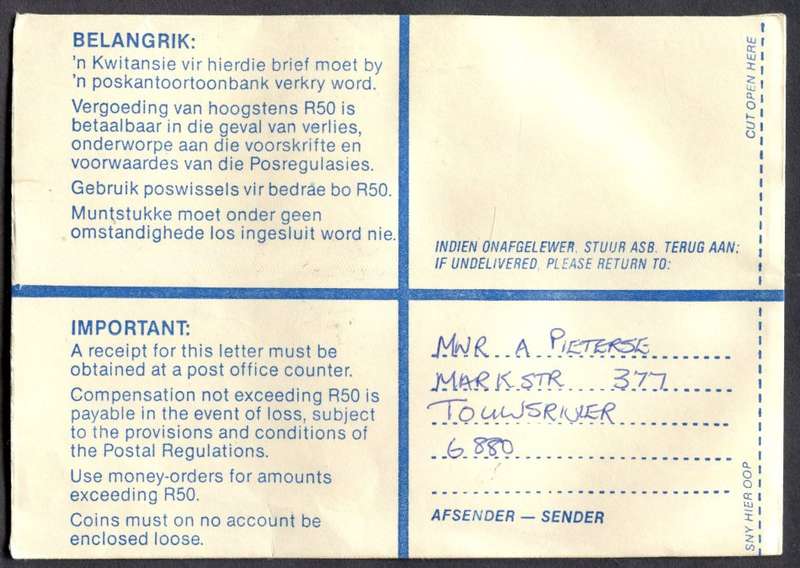 RSA - Cover Registered At Touwsrivier Post Office