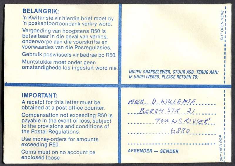 RSA - Cover Registered At Touwsrivier Post Office