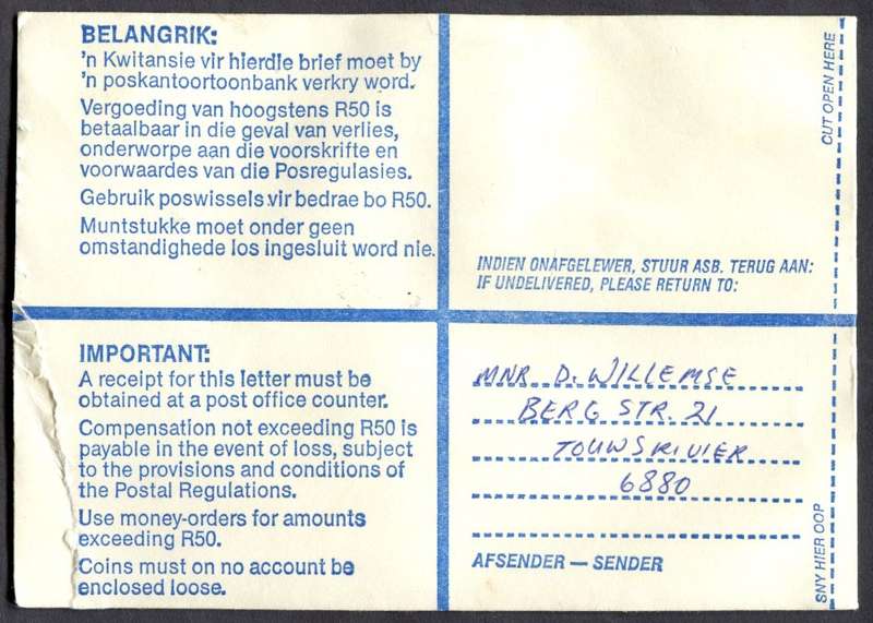 RSA - Cover Registered At Touwsrivier Post Office