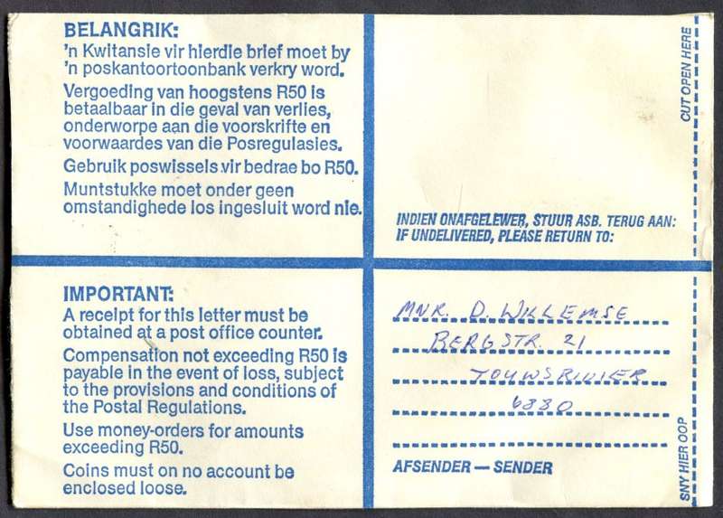 RSA - Cover Registered At Touwsrivier Post Office