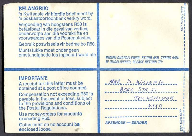 RSA - Cover Registered At Touwsrivier Post Office