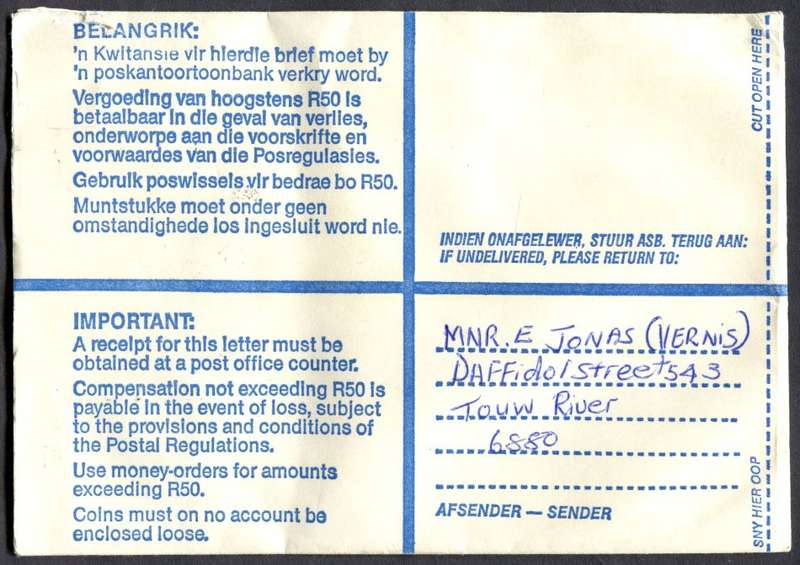 RSA - Cover Registered At Touwsrivier Post Office