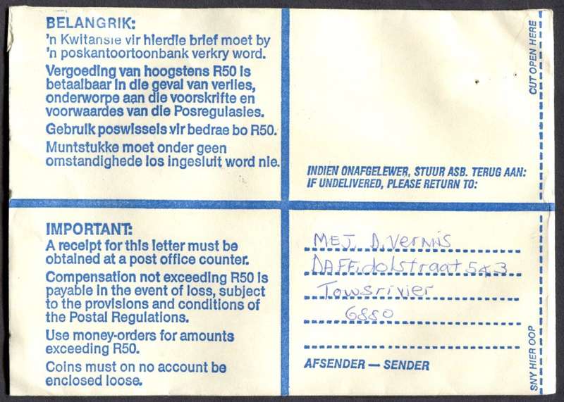 RSA - Cover Registered At Touwsrivier Post Office