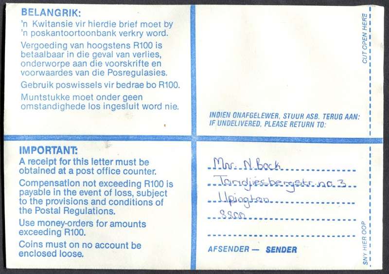 RSA - Cover Registered At Upington Post Office