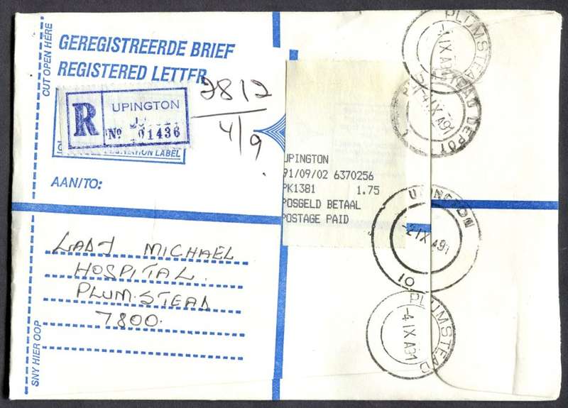 RSA - Cover Registered At Upington Post Office
