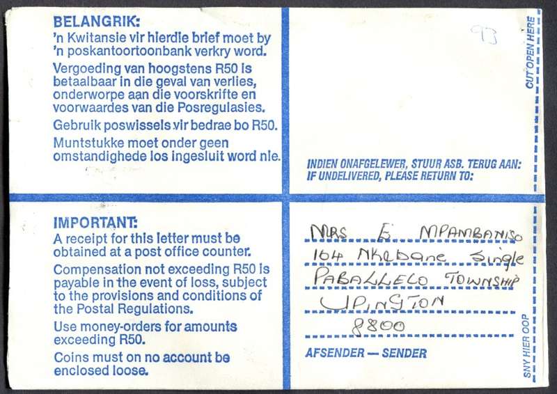 RSA - Cover Registered At Upington Post Office
