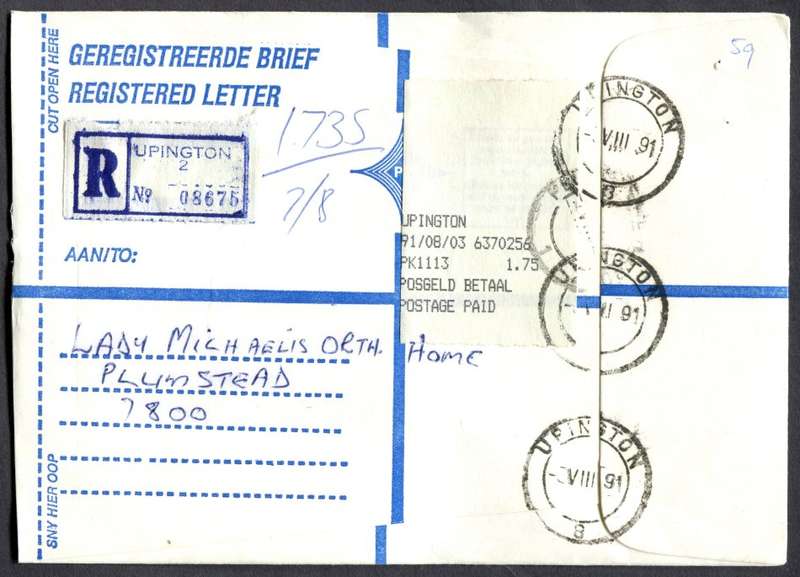 RSA - Cover Registered At Upington Post Office