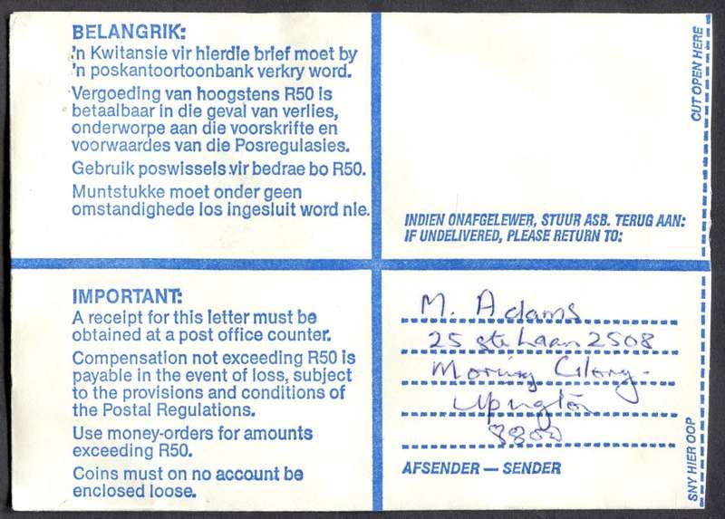 RSA - Cover Registered At Upington Post Office