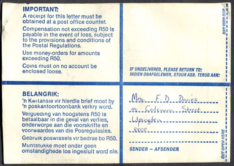 RSA - Cover Registered At Upington Post Office