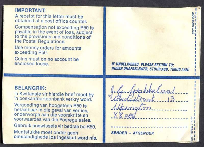 RSA - Cover Registered At Upington Post Office