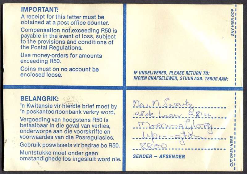 RSA - Cover Registered At Upington Post Office