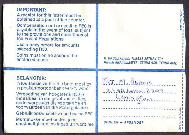 RSA - Cover Registered At Upington Post Office