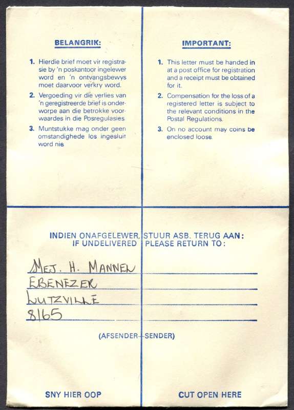 RSA - Cover Registered At Vredendal Post Office