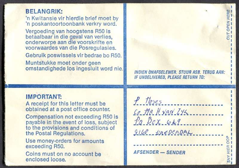 RSA - Cover Registered At Vredendal Post Office