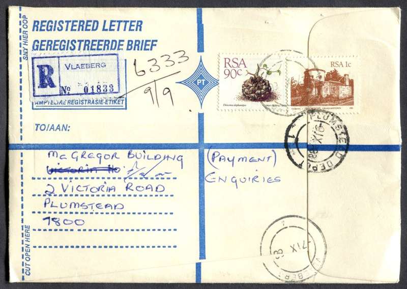 RSA - Cover Registered At Vlaeberg Post Office