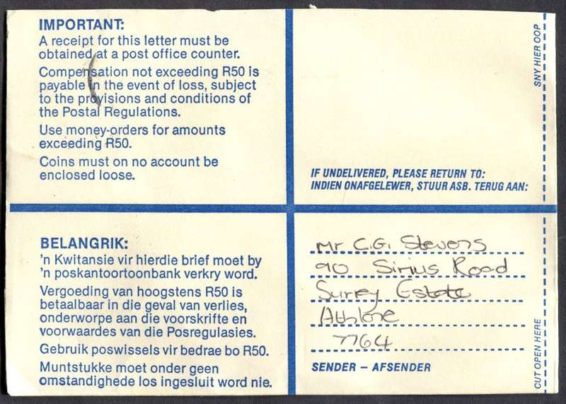 RSA - Cover Registered At Vlaeberg Post Office