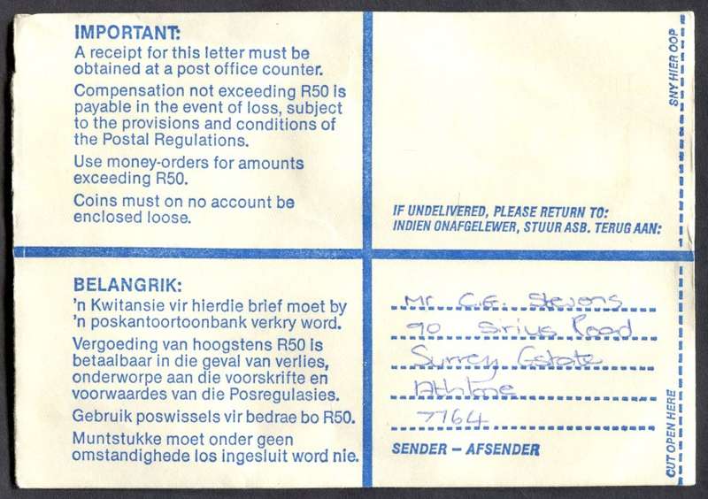 RSA - Cover Registered At Vlaeberg Post Office