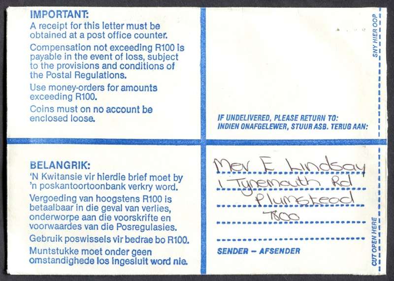 RSA - Cover Registered At Vlaeberg Post Office
