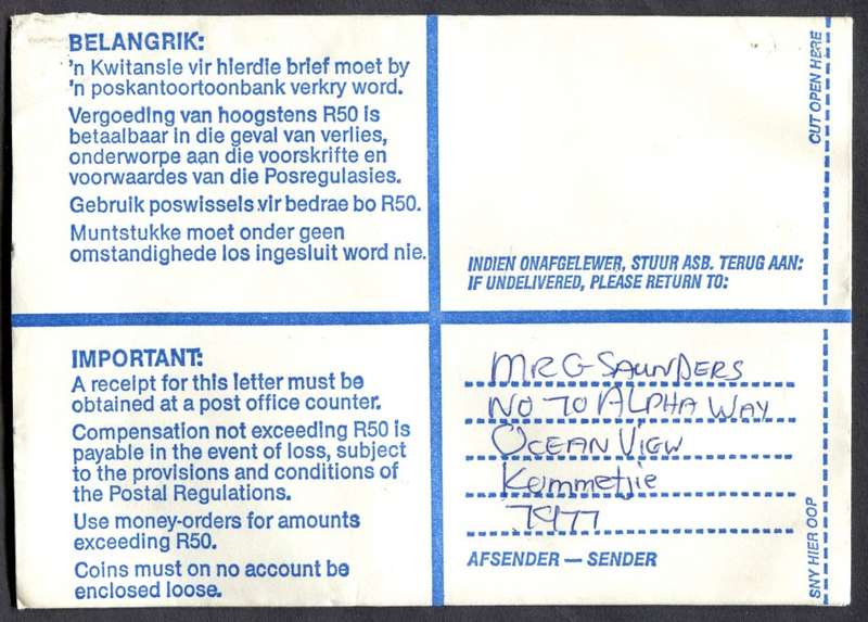 RSA - Cover Registered At Vishoek Post Office