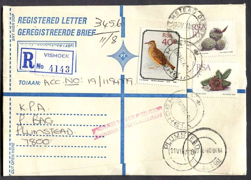 RSA - Cover Registered At Vishoek Post Office