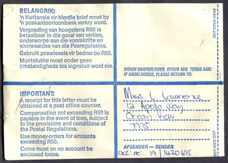 RSA - Cover Registered At Vishoek Post Office