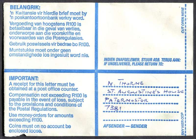 RSA - Cover Registered At Vredenburg Post Office