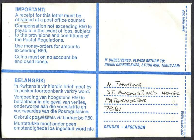 RSA - Cover Registered At Vredenburg Post Office