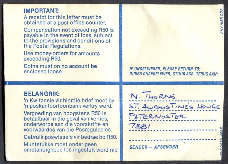 RSA - Cover Registered At Vredenburg Post Office