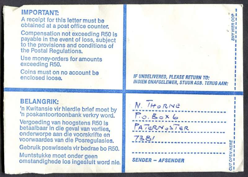 RSA - Cover Registered At Vredenburg Post Office