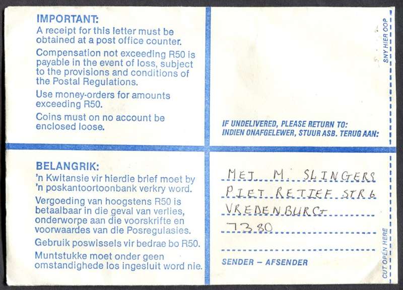 RSA - Cover Registered At Vredenburg Post Office