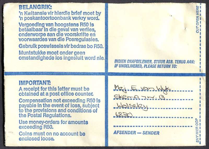 RSA - Cover Registered At Wolseley Post Office