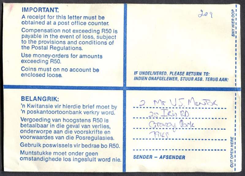 RSA - Cover Registered At Wyndover Post Office
